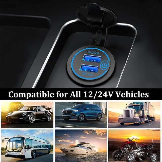 Alt view image 6 of 7 - Qidoe 36W Dual QC3.0 USB Power Charger Socket, Waterproof 12V USB Outlet with Touch Switch Car USB Port for RV Motorcycle Boat Marine Truck Golf Cart