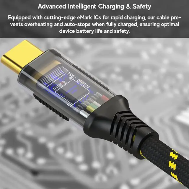 Alt view image 2 of 7 - LINKUP - USB 4.0 240W Fast Charging 40Gbps Data Type-C Cable - Thunderbolt 3/4 Compatible, 8K@60Hz Video, Durable Sleeved Jacket - for All USB-C Devices, Hub, eGPU, Gaming PC (3ft/0.9m) Black/Yellow