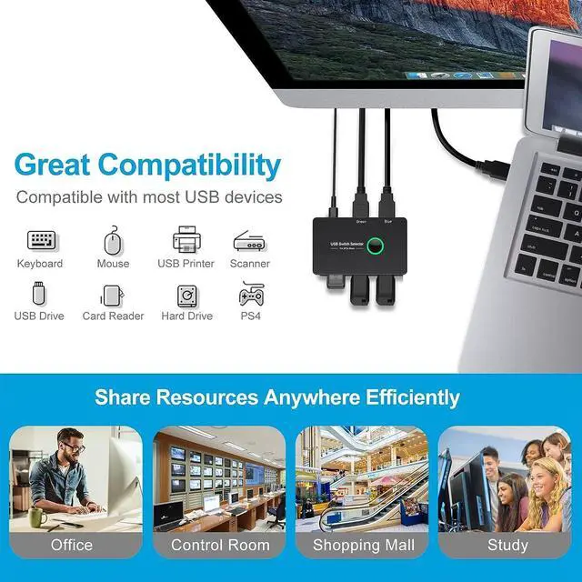 Alt view image 5 of 7 - USB 3.0 Switch, USB Switcher 2 Computers Share 4 USB for PC Mouse Keyboard Printer Scanner, USB KVM Switch Selector Compatible with Windows, Mac, Linux