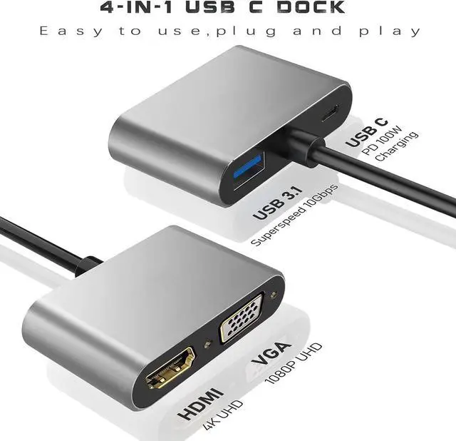 Alt view image 2 of 6 - USB C to HDMI VGA Adapter for Monitor, USBC Laptop Docking Station Dual Monitor Dongle MacBook, USB-C Hub Powered Mac, USB 3.0 to USB C Adapter Cable with Fast Charging Chromebook, Type C Dock