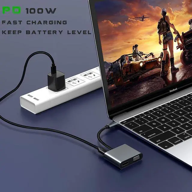 Alt view image 4 of 6 - USB C to HDMI VGA Adapter for Monitor, USBC Laptop Docking Station Dual Monitor Dongle MacBook, USB-C Hub Powered Mac, USB 3.0 to USB C Adapter Cable with Fast Charging Chromebook, Type C Dock