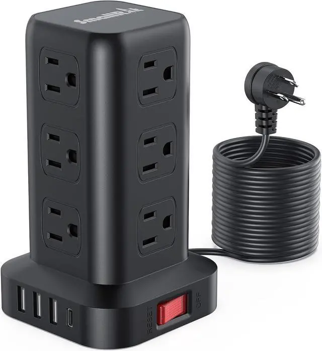 Main image of 15FT USB C Power Strip Surge Protector Tower, Mini Power Strip Tower Travel 12 AC 4 USB Power Strip with USB Ports, Overload Protection for Home Office