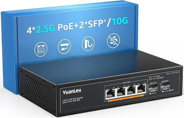 Main image of YuanLey 6 Port 2.5G PoE Switch Unmanaged, 4 x 2.5G Base-T PoE Ports, 2 x 10G SFP, IEEE802.3af/at, 78W, Compatible with 100/1000/2500Mbps, Metal Fanless, Desktop/Wall Mount 2.5Gbe Network Switch