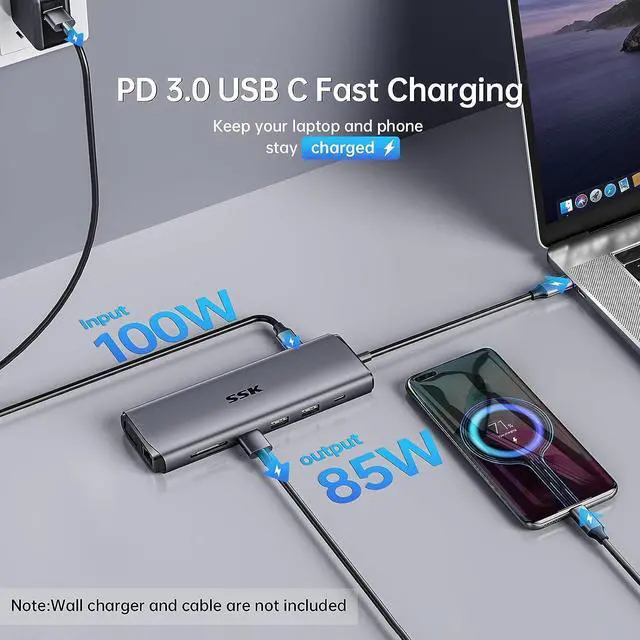 Alt view image 3 of 7 - SSK USB C Laptop Docking Station Dual Monitor,14 in 1 USB C Hub Multiport Adapter with 2 HDMI,VGA,RJ45 Ethernet,5 USBA,1 USB C 3.1 Data Port, SD/TF,PD3.0, for Thunderbolt MacBook Pro Lenovo Dell HP