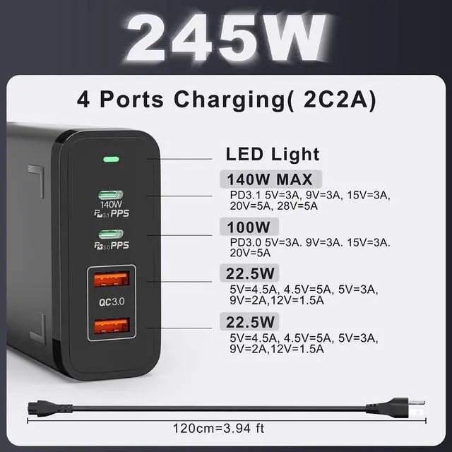Alt view image 7 of 7 - 245W USB C Charger, FEEYOO Laptop GaN Power Adapter 4 Ports Desktop Charging Station PD 3.1 140W Charger Block Fast Charging Compatible with MacBook Pro, iPad Pro,Dell XPS,iPhone14 13,Galaxy etc.