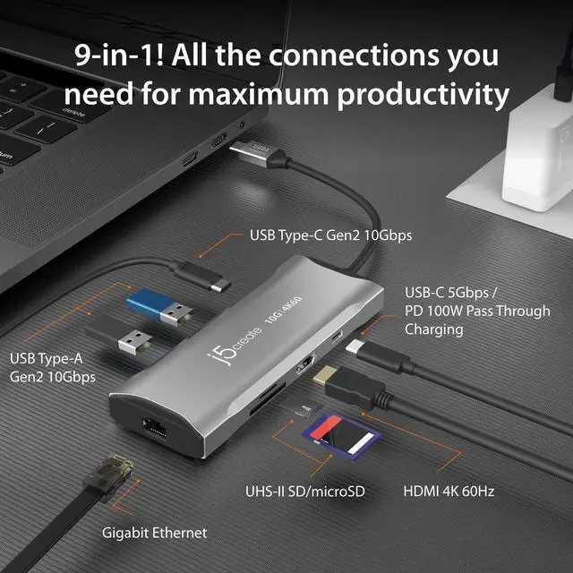 Alt view image 2 of 7 - j5create Laptop Docking Station, 9-in-1, 4K60Hz HDMI, USB-C 10Gbps, 2 USB-A 10Gbps, 100W PD with USB-C 5Gbps, Ethernet, SD 4.0 Card Reader, for MacBook, XPS, Surface Pro (JCD393)