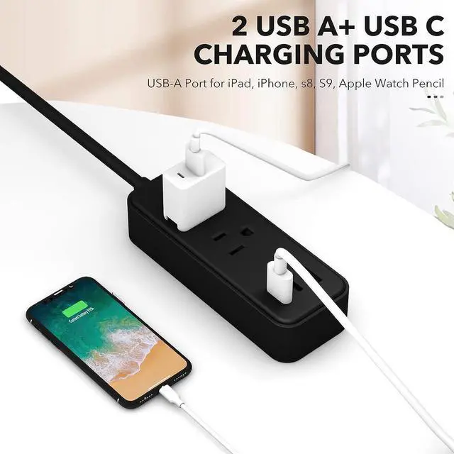 Alt view image 3 of 7 - Clear Power 2-Outlet Power Strip with 3 USB Ports(1 USB-C), Flat Plug, 6 ft Extension Cord, Compact USB Charging Hub, Desktop Charging Station with USB C, Black, DC3S-1202-DC