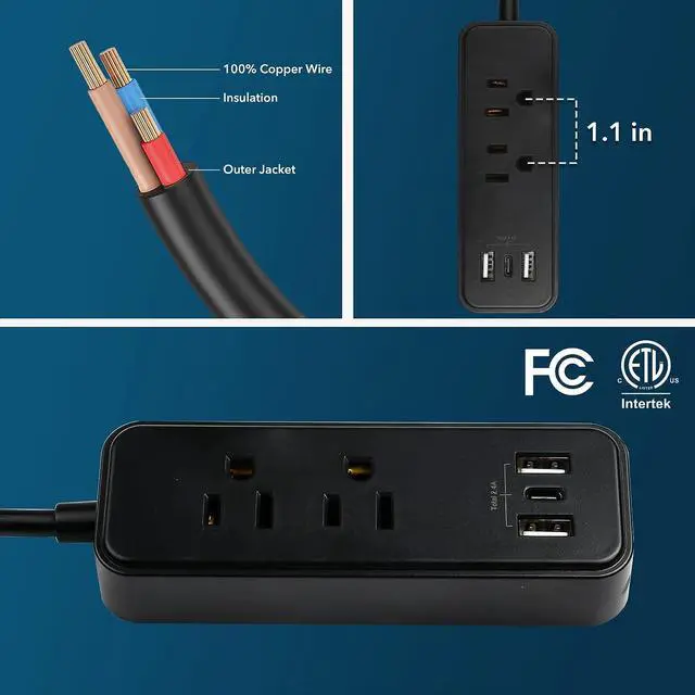 Alt view image 6 of 7 - Clear Power 2-Outlet Power Strip with 3 USB Ports(1 USB-C), Flat Plug, 6 ft Extension Cord, Compact USB Charging Hub, Desktop Charging Station with USB C, Black, DC3S-1202-DC