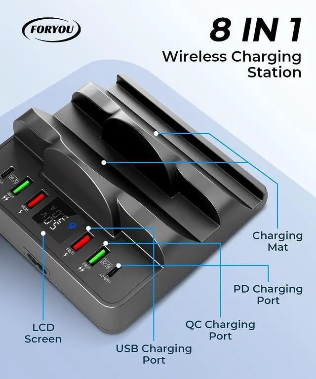 Alt view image 2 of 7 - FORYOU Charger Station Wireless Charger Phone with QC/PD Ports, 8 in 1 Fast Charging Pad Wireless Phone Charger for iWatch/Airpods/Samsung/Android/iPhone 14 13 12 for Travel Essentials