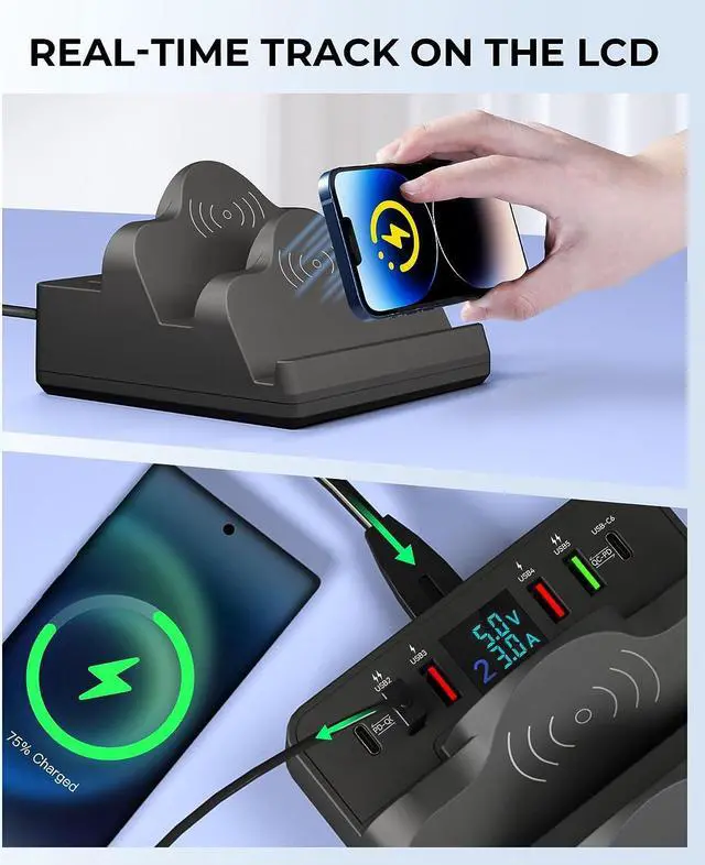 Alt view image 7 of 7 - FORYOU Charger Station Wireless Charger Phone with QC/PD Ports, 8 in 1 Fast Charging Pad Wireless Phone Charger for iWatch/Airpods/Samsung/Android/iPhone 14 13 12 for Travel Essentials