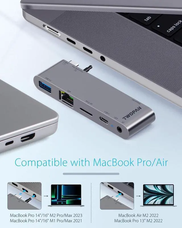 Alt view image 3 of 7 - TWOPAN MacBook Pro M2 Pro/Max 14/16 inch USB C Hub, 5-Port USB C Dongle for MacBook Pro M1 M2 2023-2018/MacBook Air M2 2022, 1000M LAN, Micro SD Card Reader, USB-C PD, 3.5mm Audio Jack