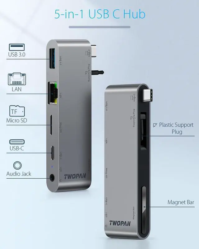 Alt view image 2 of 7 - TWOPAN MacBook Pro M2 Pro/Max 14/16 inch USB C Hub, 5-Port USB C Dongle for MacBook Pro M1 M2 2023-2018/MacBook Air M2 2022, 1000M LAN, Micro SD Card Reader, USB-C PD, 3.5mm Audio Jack