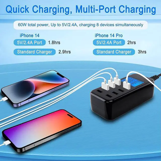 Alt view image 2 of 6 - USB Charging Station, 60W 8 Port USB Charging Hub 12A USB Charger Station with LCD Display for Multiple Devices, Smart Desktop USB Charger for iPhone 14/14 Pro/13 Pro/13 Pro Max, Galaxy, iPad