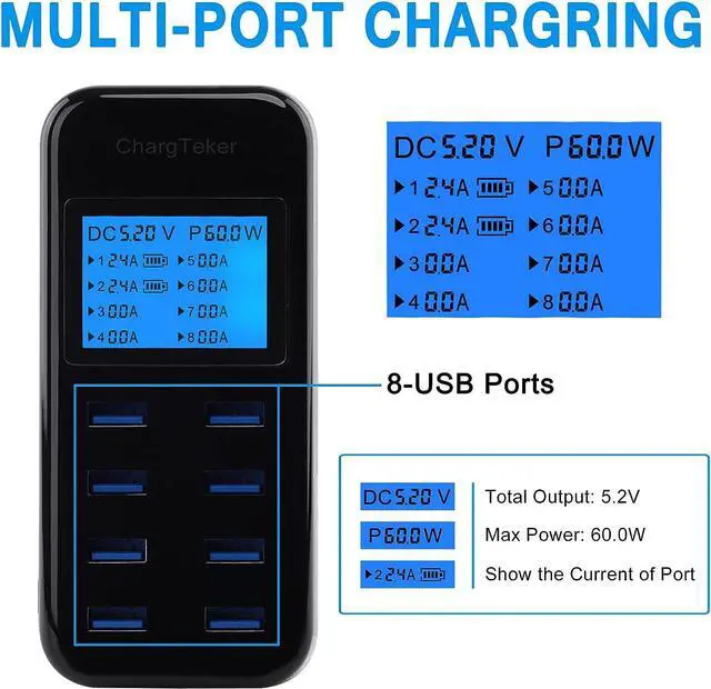 Alt view image 3 of 6 - USB Charging Station, 60W 8 Port USB Charging Hub 12A USB Charger Station with LCD Display for Multiple Devices, Smart Desktop USB Charger for iPhone 14/14 Pro/13 Pro/13 Pro Max, Galaxy, iPad