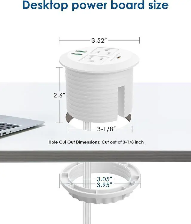 Alt view image 6 of 7 - 3-inch Desktop Power Grommet,Max 65W USB C Charger,2 Outlets and 3 USB, High-Speed Charging Station, Flush Mount Desk Hole Round Power Outlet, Recessed Power Strip,6ft Cord Flat Plug