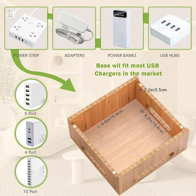 Alt view image 5 of 7 - Multiple USB Charging Station for Smartphones and Tablets, All-in-one Organizer Dock for Watch, Earbuds - with 6 Cables, 5 Ports Power Charger Hub, Bamboo (Pezin & Hulin)