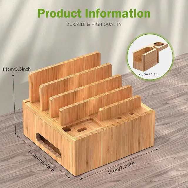 Alt view image 6 of 7 - Multiple USB Charging Station for Smartphones and Tablets, All-in-one Organizer Dock for Watch, Earbuds - with 6 Cables, 5 Ports Power Charger Hub, Bamboo (Pezin & Hulin)