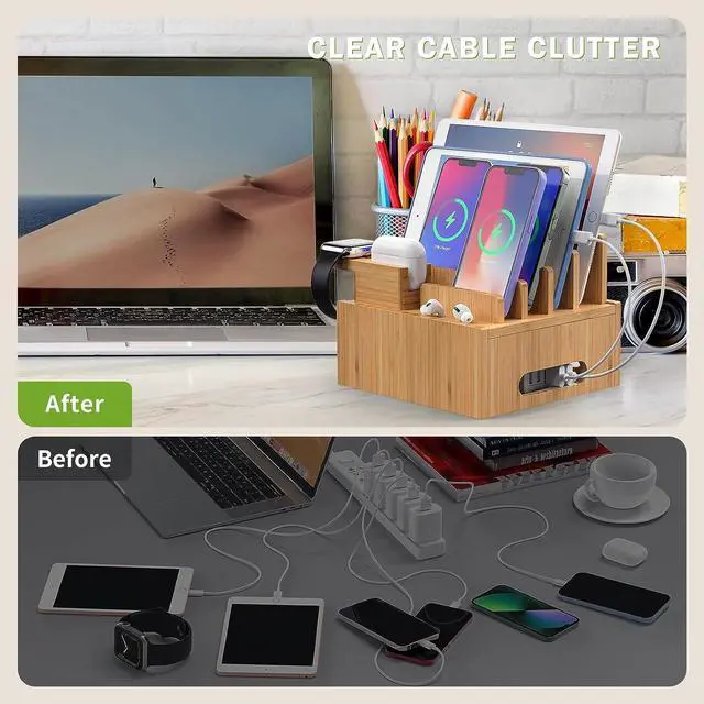 Alt view image 7 of 7 - Multiple USB Charging Station for Smartphones and Tablets, All-in-one Organizer Dock for Watch, Earbuds - with 6 Cables, 5 Ports Power Charger Hub, Bamboo (Pezin & Hulin)
