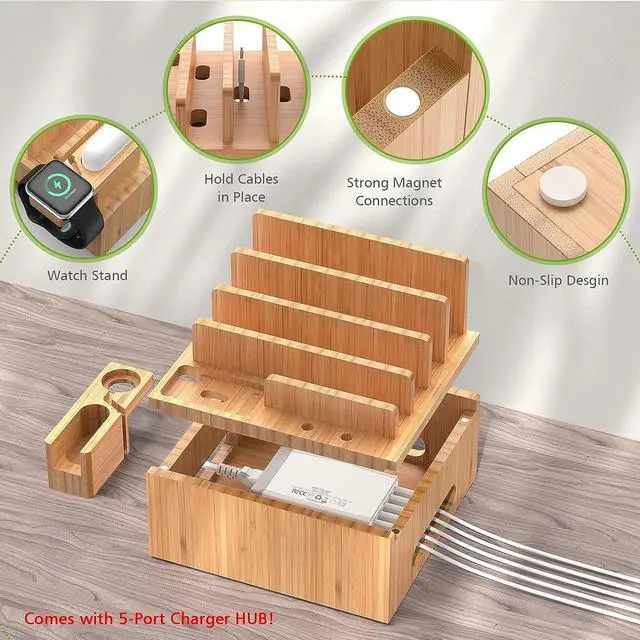 Alt view image 3 of 7 - Multiple USB Charging Station for Smartphones and Tablets, All-in-one Organizer Dock for Watch, Earbuds - with 6 Cables, 5 Ports Power Charger Hub, Bamboo (Pezin & Hulin)