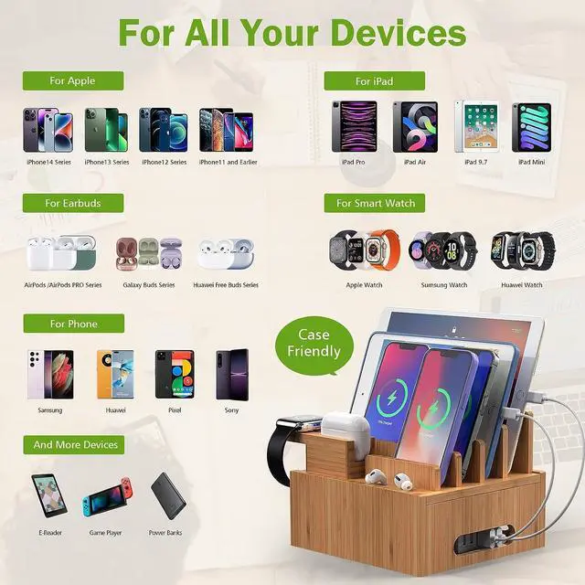 Alt view image 4 of 7 - Multiple USB Charging Station for Smartphones and Tablets, All-in-one Organizer Dock for Watch, Earbuds - with 6 Cables, 5 Ports Power Charger Hub, Bamboo (Pezin & Hulin)