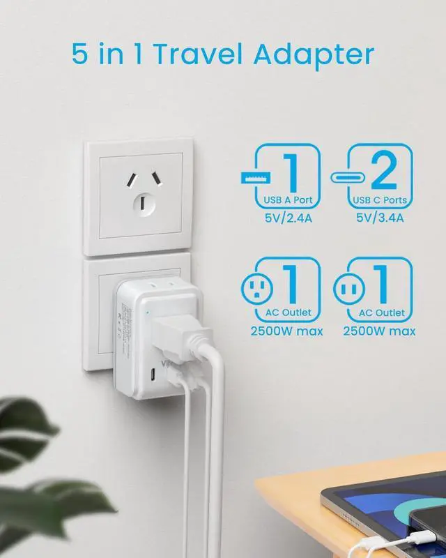 Alt view image 3 of 6 - Australia New Zealand Power Adapter, VINTAR Australia Plug Adapter with 2 American Outlets 3 USB Ports(2 USB C), 5 in 1 Type I Travel Adapter for US to Australia, AU, Argentina, China, Fiji