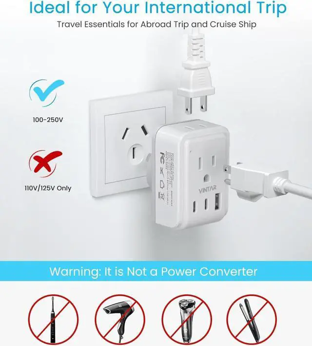 Alt view image 6 of 6 - Australia New Zealand Power Adapter, VINTAR Australia Plug Adapter with 2 American Outlets 3 USB Ports(2 USB C), 5 in 1 Type I Travel Adapter for US to Australia, AU, Argentina, China, Fiji