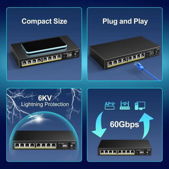 Alt view image 7 of 7 - 8 Port 2.5G Unmanaged Ethernet Switch with 10G SFP, VIMIN 8-Port 2.5G Base-T Ports with 60Gbps Switching Capacity, Compatible 10/100/1000Mbps Network, One-Key VLAN, Metal Housing, Fanless, for Desktop