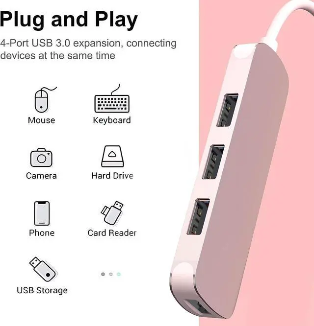 Alt view image 2 of 7 - MEANHIGH USB Hub 4-Port USB Hub for Laptop USB 3.0, USB 2.0 Multiple USB Port Expander Dongle for MacBook, Surface Pro, PC, Flash Drive, Mobile HDD-Pink