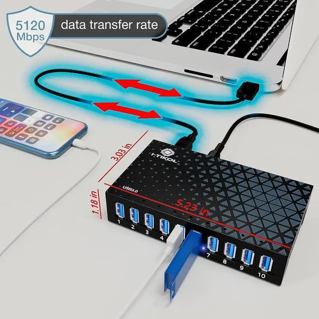 Alt view image 3 of 7 - 10 Ports USB Hub 3.0 Powered Aluminium - USB Hub Charger - Multiple Port - USB Splitter Hub with Power Adapter 12V/5A/60W - for Laptop, PC,Flash Drives, HDD,Hard Drive,Mouse,XPS,Xbox,Keyboard