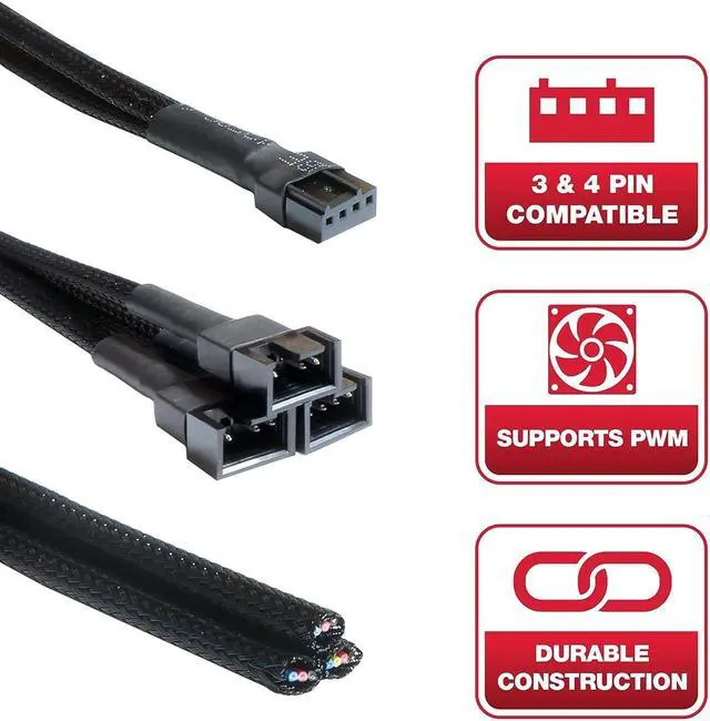 Alt view image 2 of 7 - BUYMINERS.CA PC Fan Splitter Extension Cable - 1 to 3 PWM Fan Splitter Compatible with 3 & 4 Pin PC Cooling Fans, 10.5 inch Black Braided Nylon Cable (5 Pack)