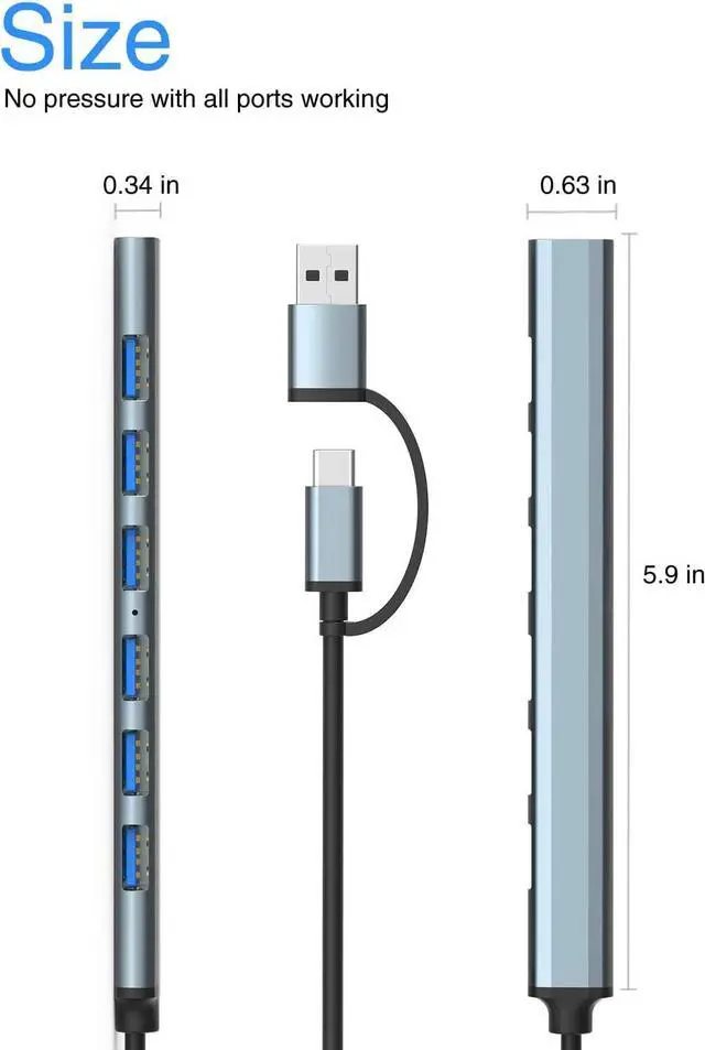 Alt view image 2 of 7 - 7-Port USB3.0 Hub for Laptop MacBook PC & More USB-C & USB 3.0 Adapter 5Gbps Data Transfer Aluminum Alloy Portable
