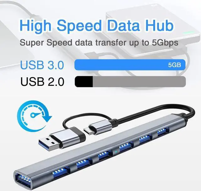 Alt view image 5 of 7 - 7-Port USB3.0 Hub for Laptop MacBook PC & More USB-C & USB 3.0 Adapter 5Gbps Data Transfer Aluminum Alloy Portable