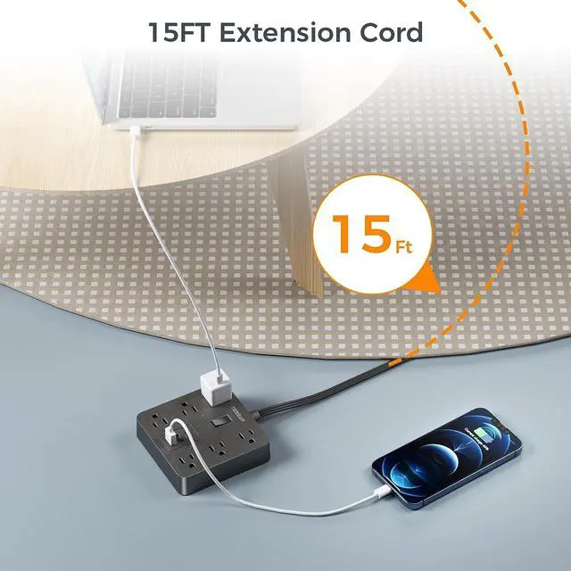 Alt view image 2 of 6 - Flat Plug Extension Cord 15 Ft, TESSAN Surge Protector Power Strip with 6 Outlets and 3 USB Ports, 1700 Joules, Desktop Black Long Power Cord for Indoor Home Office School Dorm Room Essential
