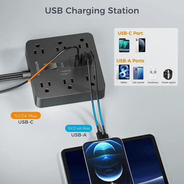 Alt view image 4 of 6 - Flat Plug Extension Cord 15 Ft, TESSAN Surge Protector Power Strip with 6 Outlets and 3 USB Ports, 1700 Joules, Desktop Black Long Power Cord for Indoor Home Office School Dorm Room Essential