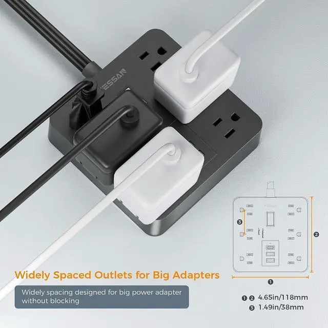 Alt view image 5 of 6 - Flat Plug Extension Cord 15 Ft, TESSAN Surge Protector Power Strip with 6 Outlets and 3 USB Ports, 1700 Joules, Desktop Black Long Power Cord for Indoor Home Office School Dorm Room Essential