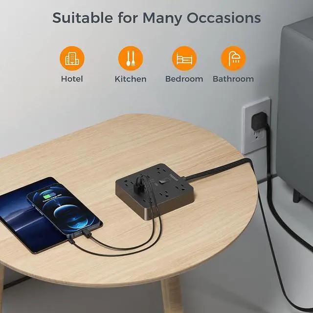 Alt view image 6 of 6 - Flat Plug Extension Cord 15 Ft, TESSAN Surge Protector Power Strip with 6 Outlets and 3 USB Ports, 1700 Joules, Desktop Black Long Power Cord for Indoor Home Office School Dorm Room Essential