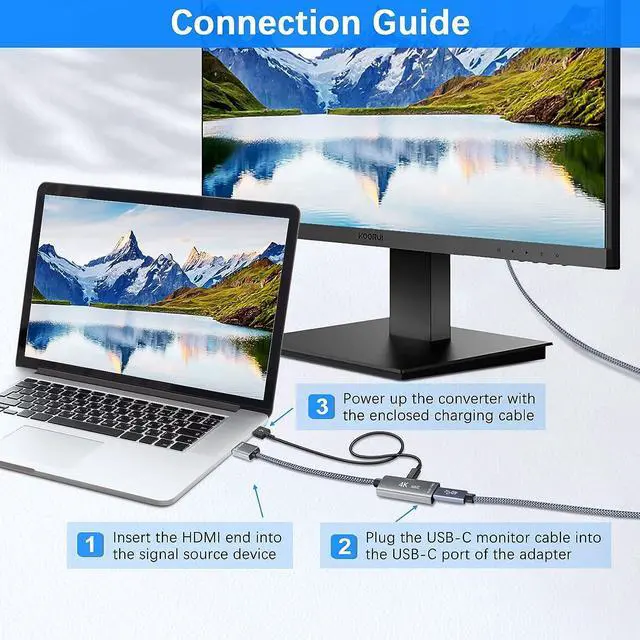 Alt view image 2 of 7 - HDMI Male to USB-C Female Cable Adapter with USB-C Power Cable Type C 3.1 (Display) to HDMI (Source) Converter 4K 60Hz Thunderbolt 3 Adapter for New MacBook Pro Mac Surface Xreal Air Rokid