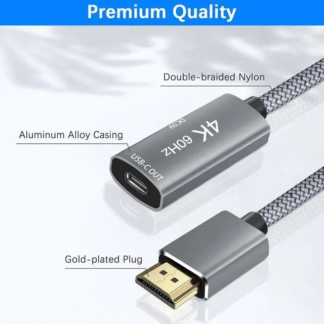 Alt view image 5 of 7 - HDMI Male to USB-C Female Cable Adapter with USB-C Power Cable Type C 3.1 (Display) to HDMI (Source) Converter 4K 60Hz Thunderbolt 3 Adapter for New MacBook Pro Mac Surface Xreal Air Rokid