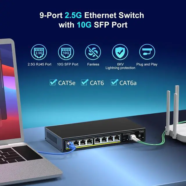 Alt view image 2 of 7 - 8 Port 2.5G Unmanaged Ethernet Switch with 10G SFP, VIMIN 8-Port 2.5G Base-T Ports with 60Gbps Switching Capacity, Compatible 10/100/1000Mbps Network, One-Key VLAN, Metal Housing, Fanless, for Desktop