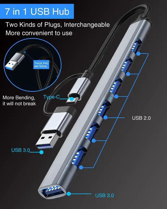 Alt view image 3 of 7 - 7-Port USB3.0 Hub for Laptop MacBook PC & More USB-C & USB 3.0 Adapter 5Gbps Data Transfer Aluminum Alloy Portable