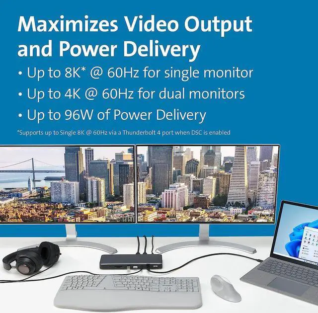 Alt view image 4 of 7 - Kensington AD2010T4 Thunderbolt 4 Dual 4K Docking Station, 96W Power Charging, 2 x HDMI Ports, up to Dual 4K@60hz, for Windows Laptops and MacBook Pro/Air (K34111NA)