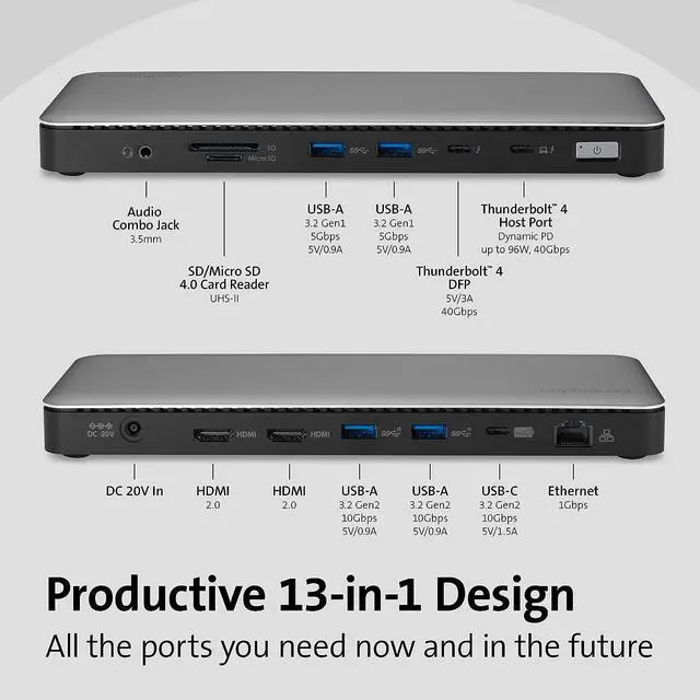 Alt view image 5 of 7 - Kensington AD2010T4 Thunderbolt 4 Dual 4K Docking Station, 96W Power Charging, 2 x HDMI Ports, up to Dual 4K@60hz, for Windows Laptops and MacBook Pro/Air (K34111NA)