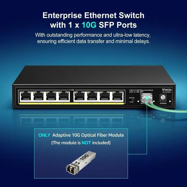 Alt view image 5 of 7 - 8 Port 2.5G Unmanaged Ethernet Switch with 10G SFP, VIMIN 8-Port 2.5G Base-T Ports with 60Gbps Switching Capacity, Compatible 10/100/1000Mbps Network, One-Key VLAN, Metal Housing, Fanless, for Desktop