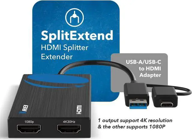 Alt view image 4 of 7 - SplitExtend HDMI Splitter Extended Display for Dual Monitor - Multi-Monitor Display 3 Separate Screens - USB A & USB-C Adapter to HDMI 2.0 4K@30Hz Output 1 1080p Output 2 for Windows Mac OS G