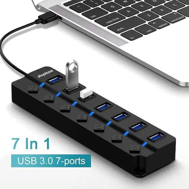 Alt view image 3 of 7 - 7-Port USB 3.0 Hub with Individual Power Switches and LED Lights, High-Speed Data Hub Splitter Portable USB Extension Hub for PC Laptop and More (No Power Adapter)