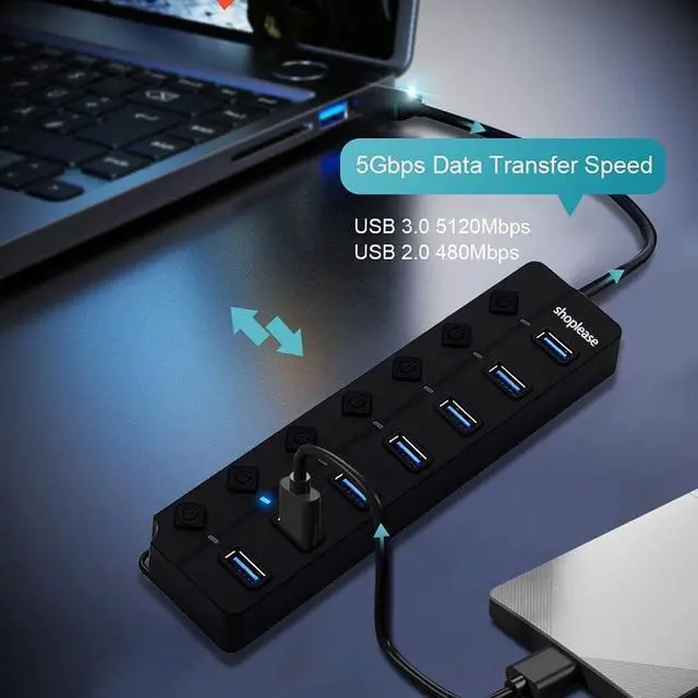 Alt view image 4 of 7 - 7-Port USB 3.0 Hub with Individual Power Switches and LED Lights, High-Speed Data Hub Splitter Portable USB Extension Hub for PC Laptop and More (No Power Adapter)