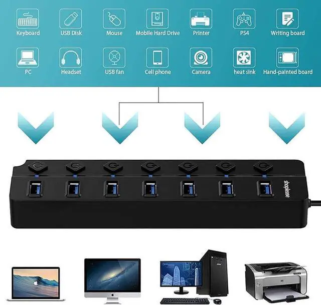 Alt view image 6 of 7 - 7-Port USB 3.0 Hub with Individual Power Switches and LED Lights, High-Speed Data Hub Splitter Portable USB Extension Hub for PC Laptop and More (No Power Adapter)