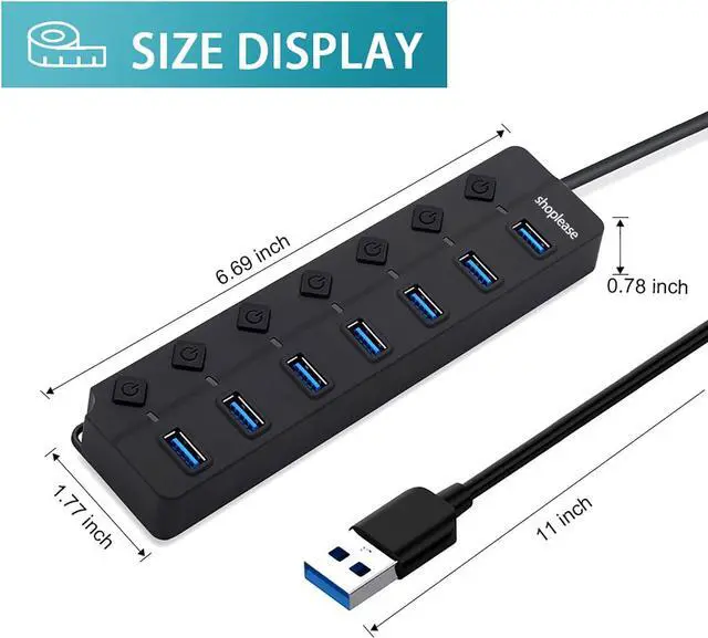 Alt view image 7 of 7 - 7-Port USB 3.0 Hub with Individual Power Switches and LED Lights, High-Speed Data Hub Splitter Portable USB Extension Hub for PC Laptop and More (No Power Adapter)