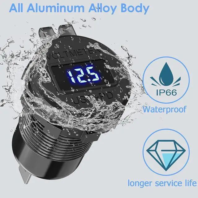 Alt view image 5 of 7 - [Upgraded Version] 12V USB Outlet Qidoe 78W 3 Port USB C 12V Outlet Dual PD 30W & 18W USB A Port with Voltmeter Lengthened Aluminum Body Switch Waterproof USB Car Charger Socket for Car Boat Marine RV