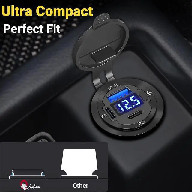 Alt view image 7 of 7 - [Upgraded Version] 12V USB Outlet Qidoe 78W 3 Port USB C 12V Outlet Dual PD 30W & 18W USB A Port with Voltmeter Lengthened Aluminum Body Switch Waterproof USB Car Charger Socket for Car Boat Marine RV
